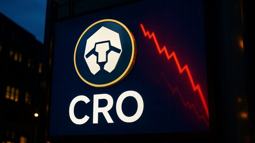 Cronos-logo groot op een scherm aan een gebouwgevel, met een rode dalende koersgrafiek ernaast