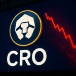 Cronos-logo groot op een scherm aan een gebouwgevel, met een rode dalende koersgrafiek ernaast
