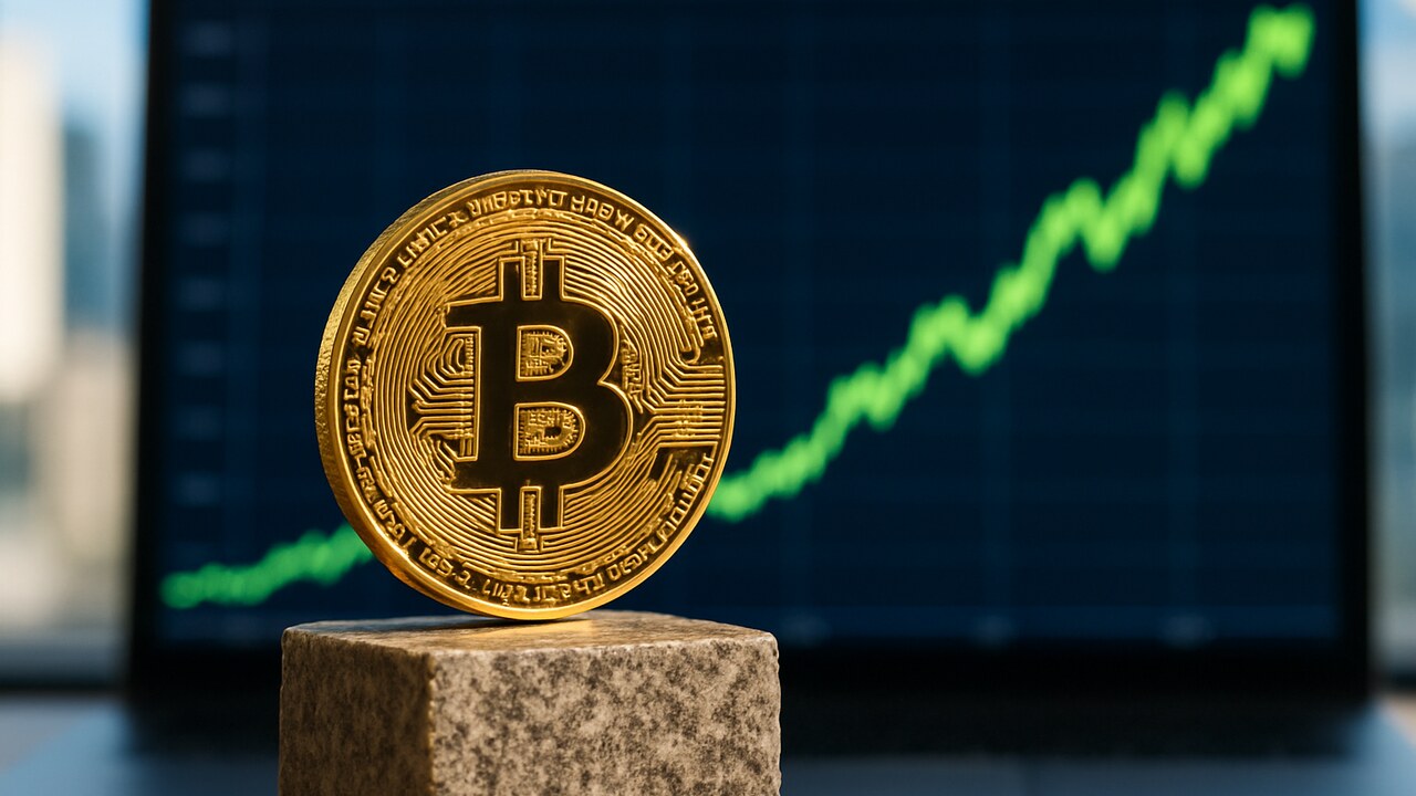 Fysieke Bitcoin-munt op een sokkel met een rustig stijgende groene koersgrafiek op de achtergrond