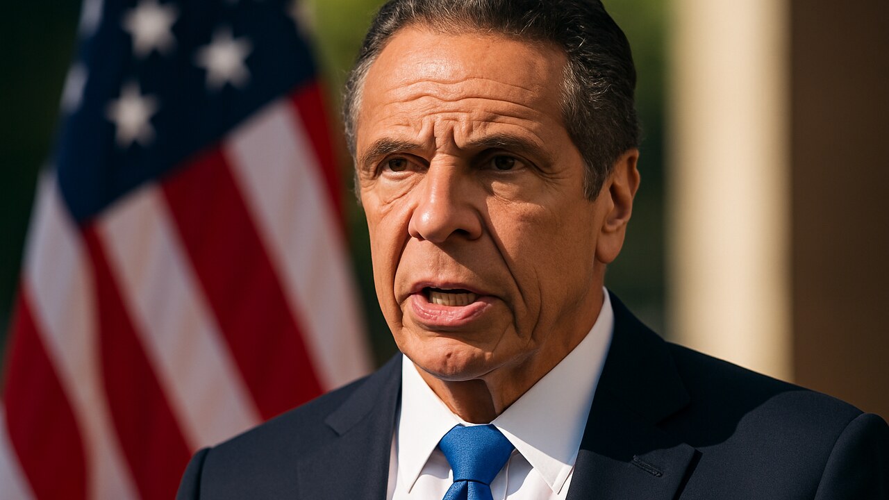 Oud-gouverneur Andrew Cuomo spreekt bij een persmoment over tokenisatie en regelgeving