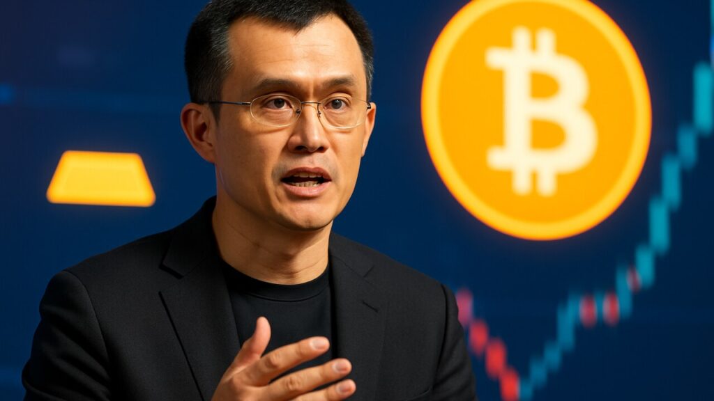 Changpeng Zhao voor een scherm met het Bitcoin-symbool naast een goudstaaf