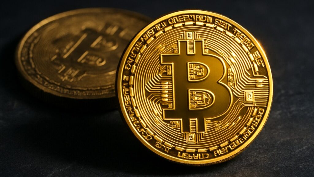 Een glanzende bitcoin-munt scherp op de voorgrond naast een doffe, nagemaakte munt, symbool voor de discussie over echte versus valse bitcoin.