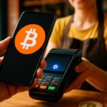 Klant betaalt met Bitcoin via smartphone aan een toonbank, met het oranje BTC-logo op het scherm