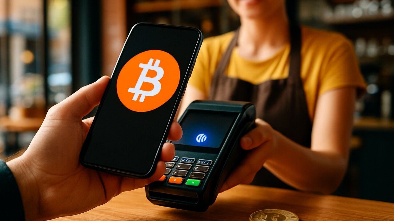 Klant betaalt met Bitcoin via smartphone aan een toonbank, met het oranje BTC-logo op het scherm