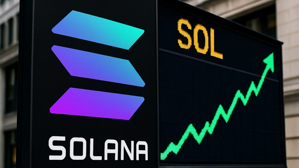 Het Solana-logo groot naast een beursbord met een stijgende groene grafiek