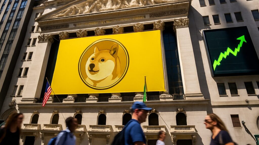 Gevel van de New York Stock Exchange met een groot geel Dogecoin-spandoek en een groene pijl omhoog op een beursscherm