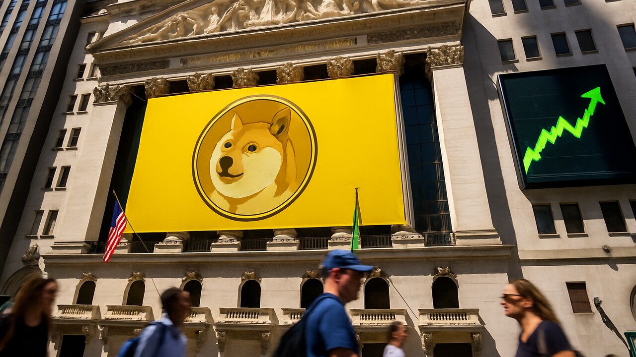 Gevel van de New York Stock Exchange met een groot geel Dogecoin-spandoek en een groene pijl omhoog op een beursscherm