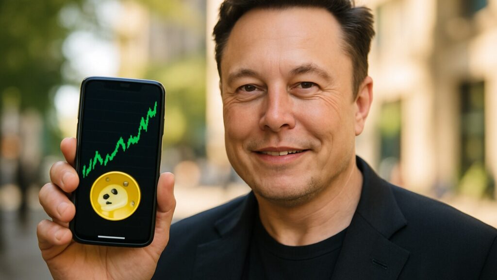 Elon Musk met een telefoon waarop een stijgende Dogecoin-grafiek en het logo van de meme-munt te zien zijn