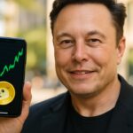 Elon Musk met een telefoon waarop een stijgende Dogecoin-grafiek en het logo van de meme-munt te zien zijn