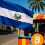De vlag van El Salvador wappert voor een straatkraam met een Bitcoin-logo in San Salvador