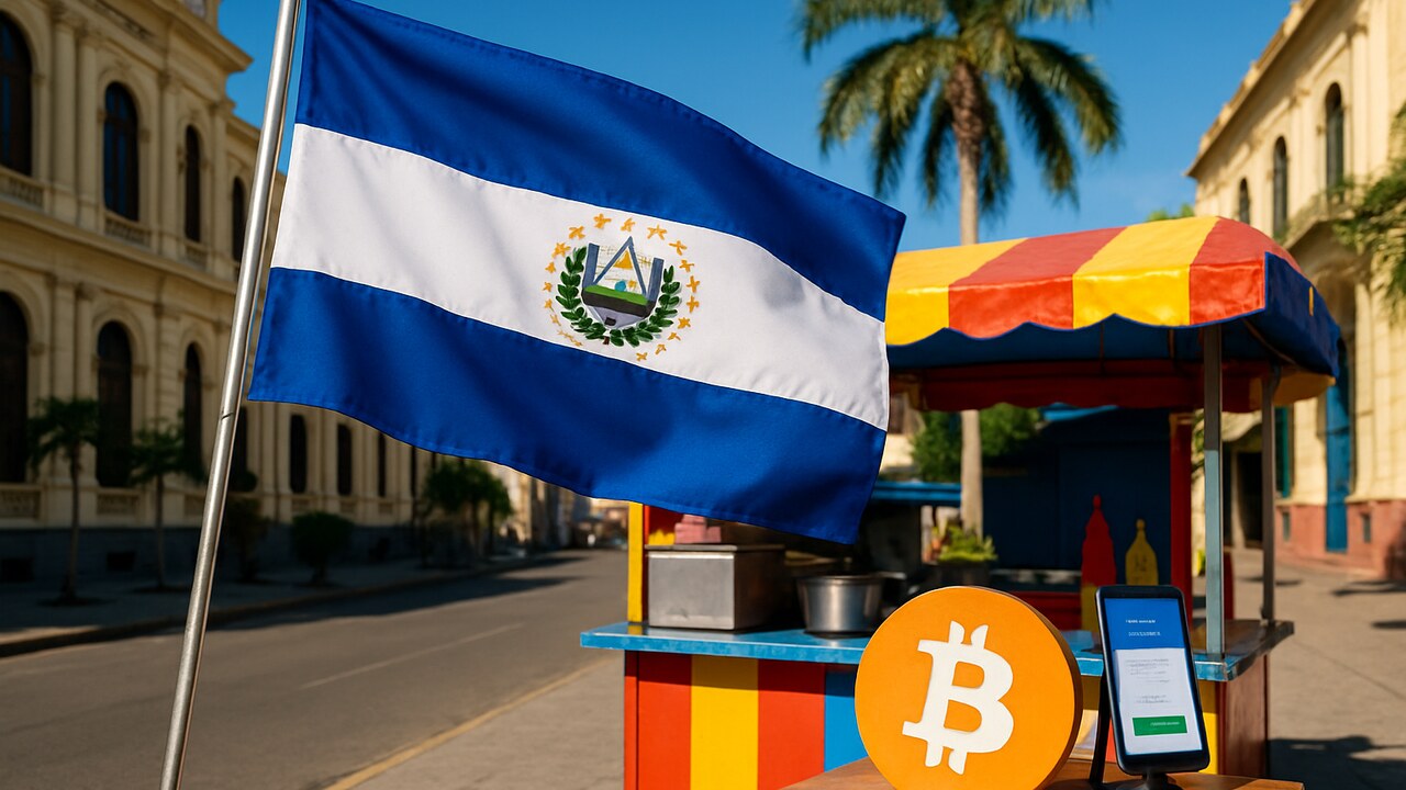 De vlag van El Salvador wappert voor een straatkraam met een Bitcoin-logo in San Salvador