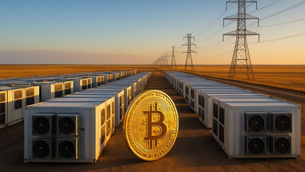 Bitcoin-mininghal en hoogspanningsmasten op de vlakte van Texas onder een heldere hemel