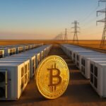 Bitcoin-mininghal en hoogspanningsmasten op de vlakte van Texas onder een heldere hemel