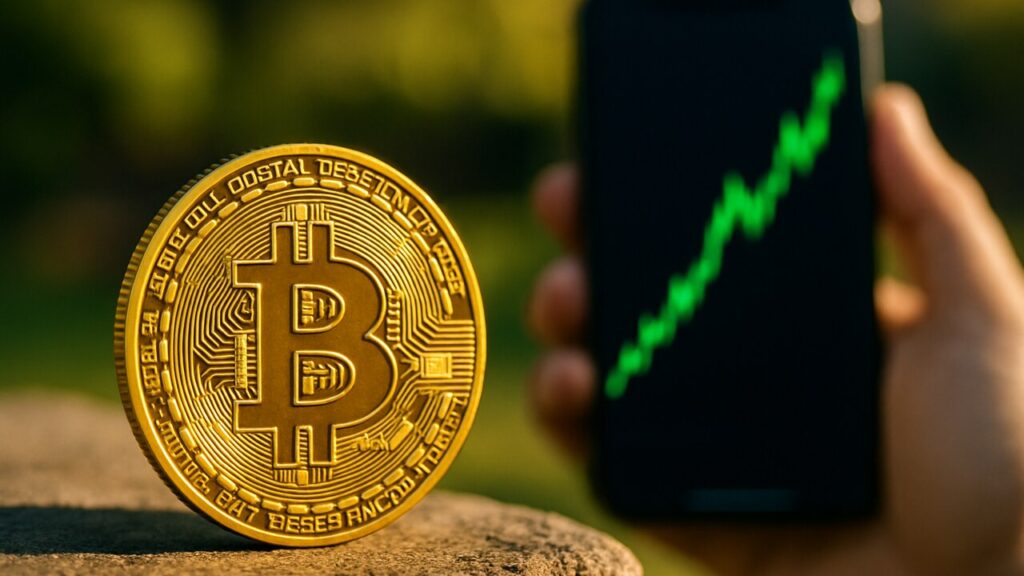 Fysieke Bitcoin-munt met opvallend BTC-logo in helder daglicht, met op de achtergrond een stijgende groene grafiek op een telefoon