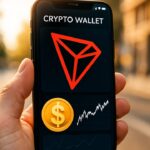 Smartphone met een crypto-wallet waarin het TRON-logo en een digitale dollar zichtbaar zijn