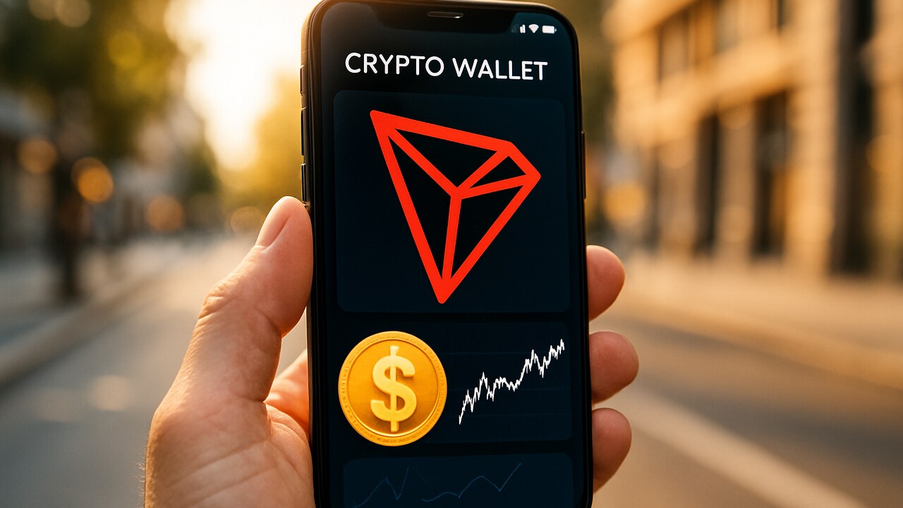 Smartphone met een crypto-wallet waarin het TRON-logo en een digitale dollar zichtbaar zijn