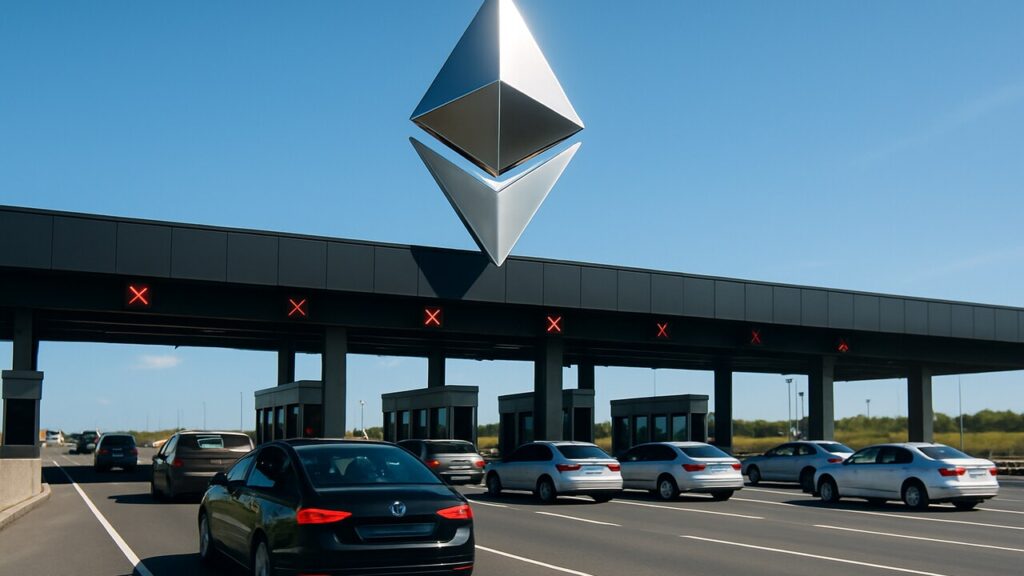 Een verbredende tolweg met vlot doorstromend verkeer en een groot verlicht Ethereum-logo erboven, als beeld voor meer capaciteit door de Glamsterdam-upgrade.