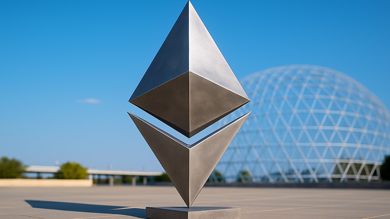 Groot herkenbaar Ethereum-logo als metalen beeld buiten op een plein, fel belicht onder een blauwe lucht.