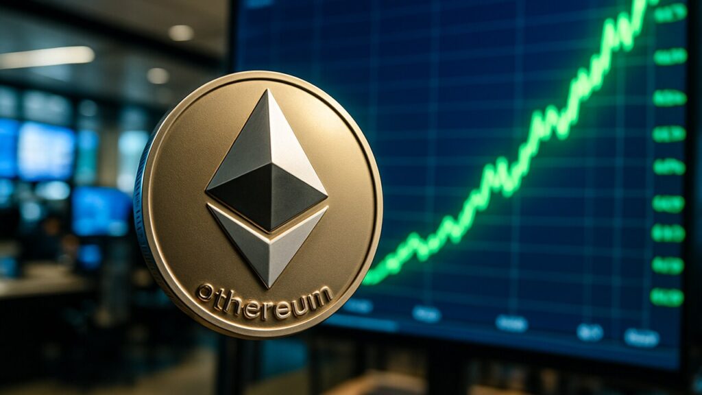 Ethereum-logo op een handelsscherm met een steil stijgende groene koerslijn