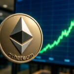 Ethereum-logo op een handelsscherm met een steil stijgende groene koerslijn