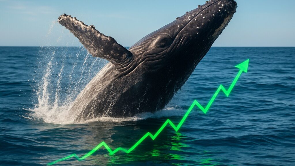 Grote walvis doorbreekt het wateroppervlak terwijl op de zee een groene stijgende koersgrafiek weerkaatst