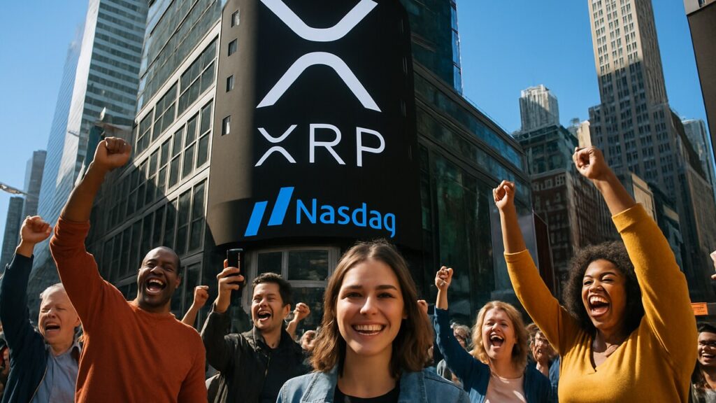 Enthousiaste XRP-supporters voor het Nasdaq-gebouw op Times Square met het XRP-logo op het grote scherm