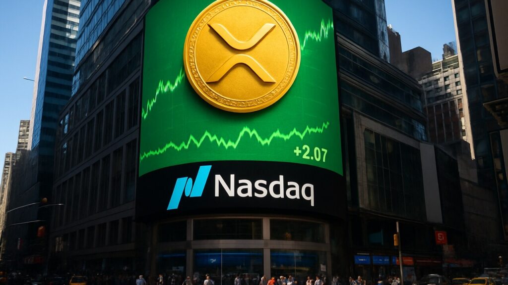 De Nasdaq-gevel in New York met een groot XRP-logo op het digitale scherm