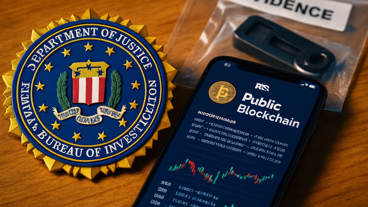 FBI-embleem naast een telefoon met een openbaar blockchain-grootboek en een in beslag genomen hardware wallet