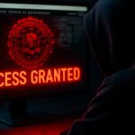 Beeldscherm toont een gehackte FBI-pagina met rode waarschuwing, bekeken door een hacker in het donker