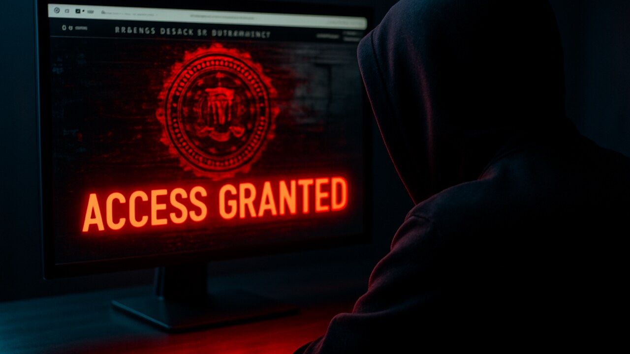 Beeldscherm toont een gehackte FBI-pagina met rode waarschuwing, bekeken door een hacker in het donker