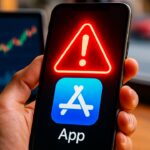 Hand met iPhone waarop een App Store-app een rood waarschuwingsteken toont