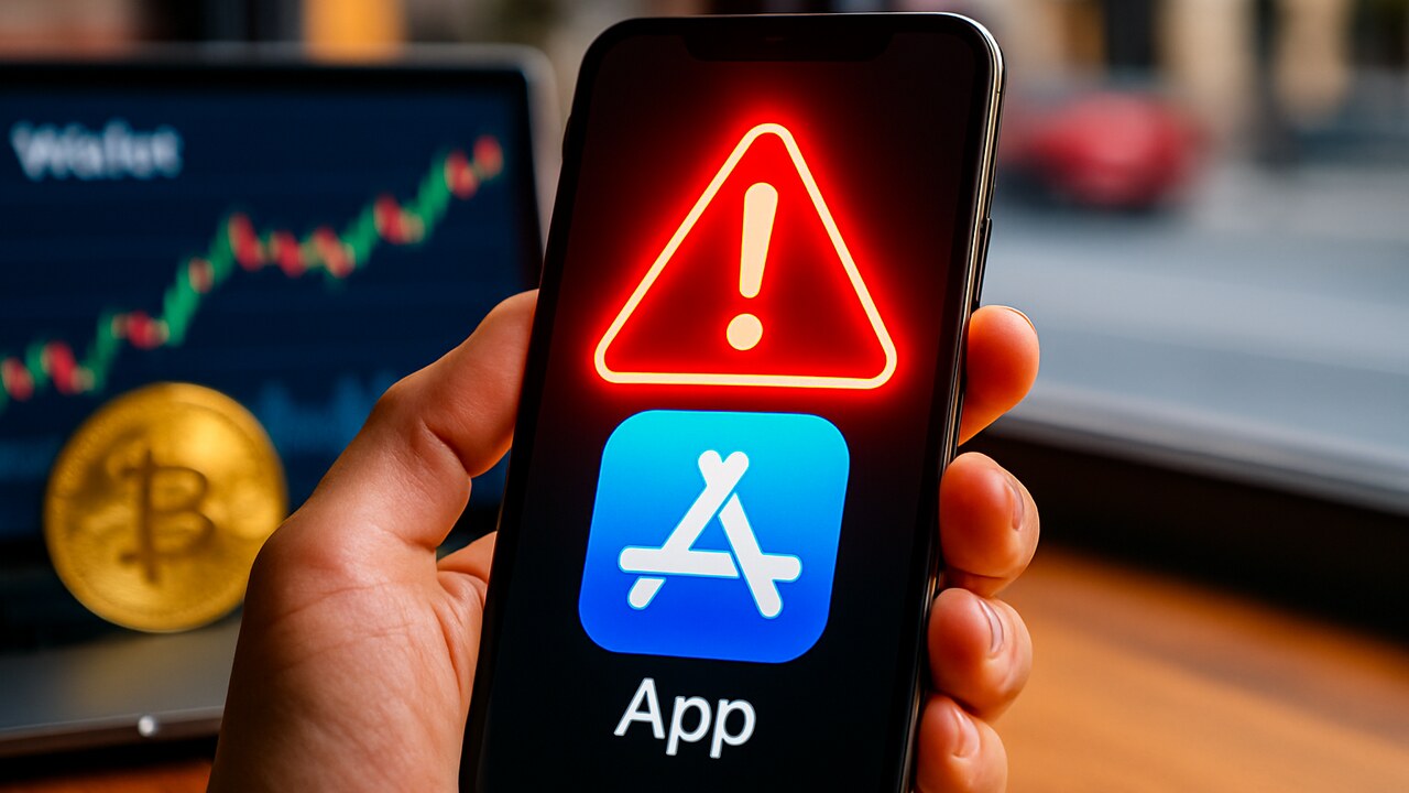 Hand met iPhone waarop een App Store-app een rood waarschuwingsteken toont