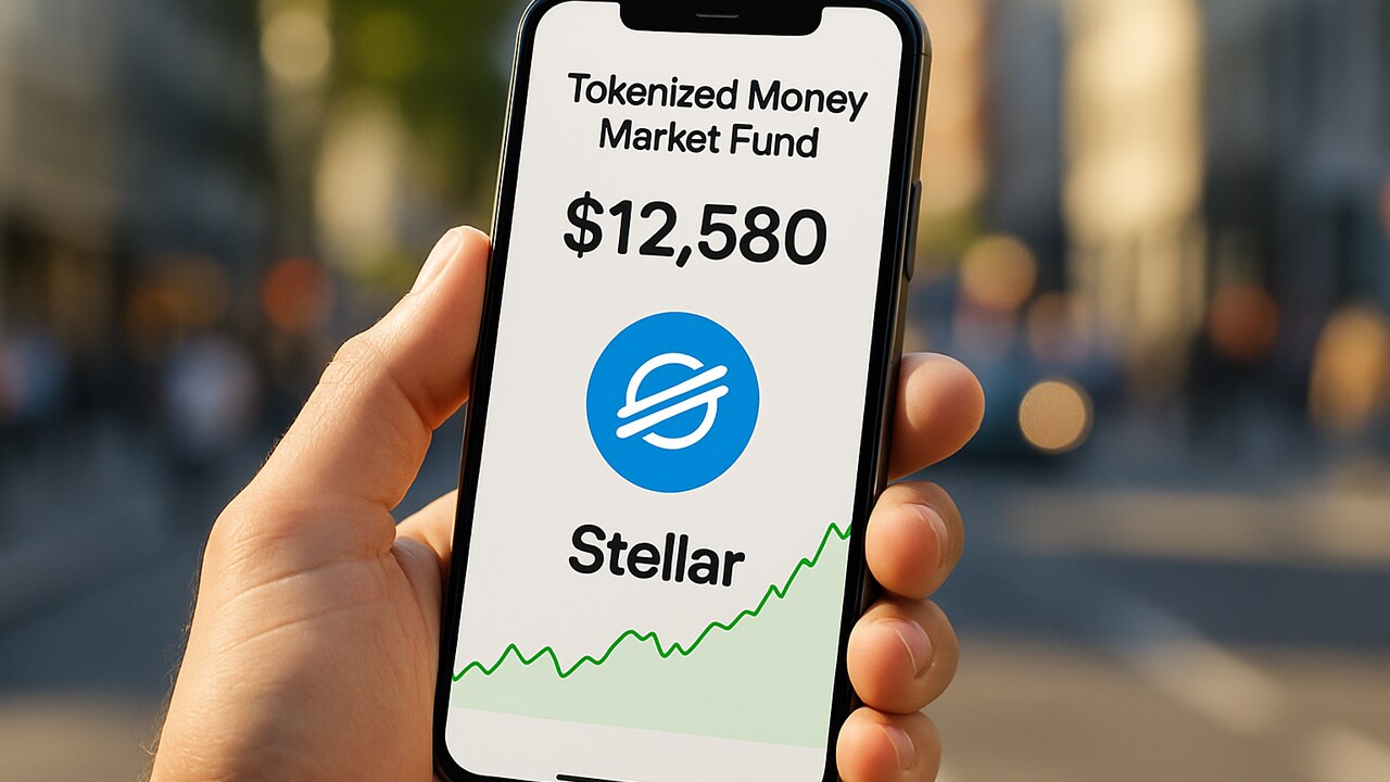 Smartphone met een app voor een getokeniseerd fonds en het Stellar-logo, buiten op straat