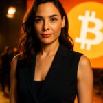 Actrice Gal Gadot op een filmset met een groot Bitcoin-logo op een scherm op de achtergrond