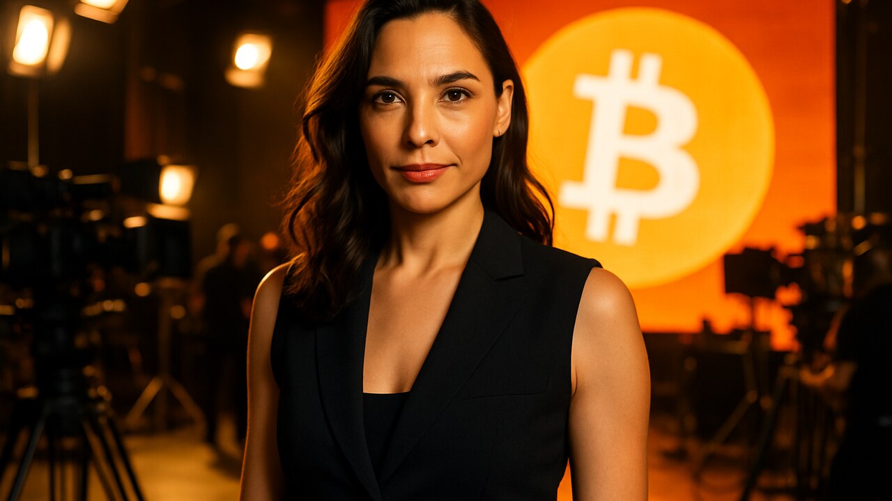 Actrice Gal Gadot op een filmset met een groot Bitcoin-logo op een scherm op de achtergrond