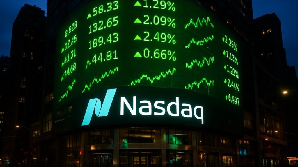 Gevel van het Nasdaq-gebouw met groot verlicht scherm vol groene beurskoersen
