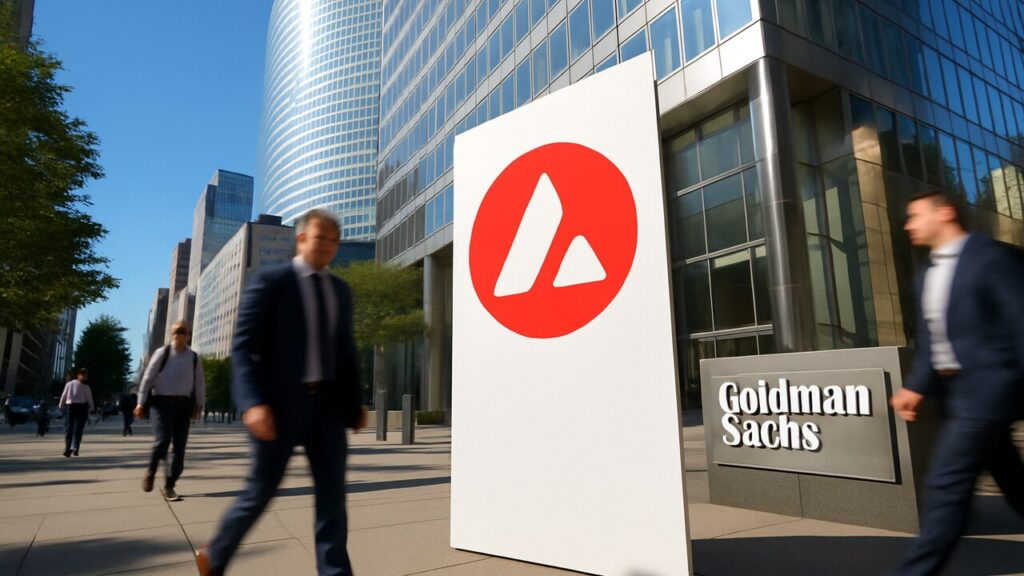 Hoofdkantoor van Goldman Sachs in New York met op de stoep een banner met het rode Avalanche-logo