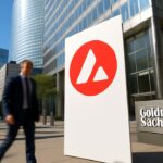 Hoofdkantoor van Goldman Sachs in New York met op de stoep een banner met het rode Avalanche-logo