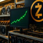Mining-apparatuur in een datacenter met een groen stijgende grafiek en het Zcash-logo op een scherm
