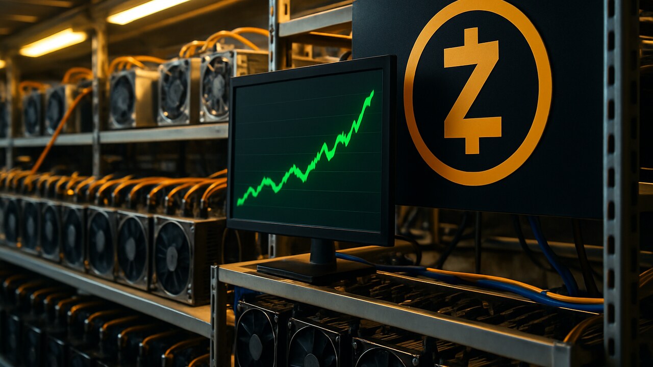 Mining-apparatuur in een datacenter met een groen stijgende grafiek en het Zcash-logo op een scherm