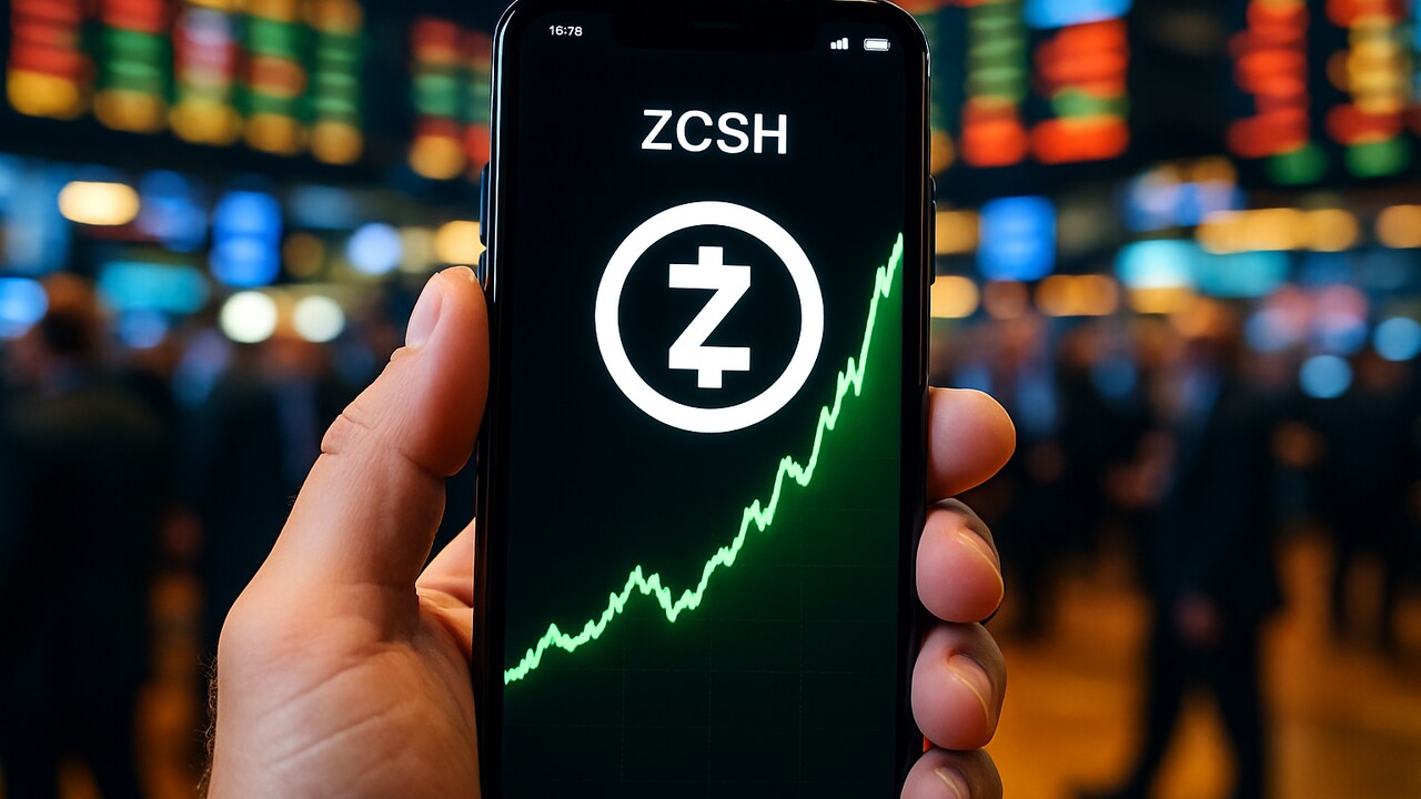 Smartphone toont stijgende groene ZCSH-grafiek met Zcash-logo, met beursschermen op de achtergrond