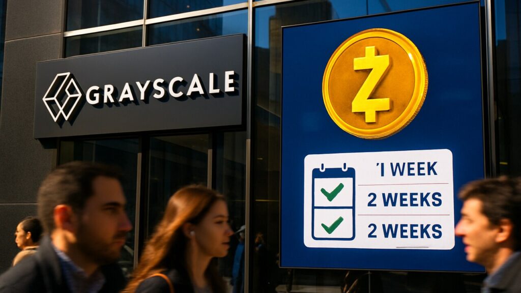 Gevel met Grayscale-logo en een scherm met het Zcash-symbool en een kalender met tweewekelijkse uitkeringen