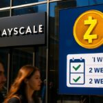 Gevel met Grayscale-logo en een scherm met het Zcash-symbool en een kalender met tweewekelijkse uitkeringen