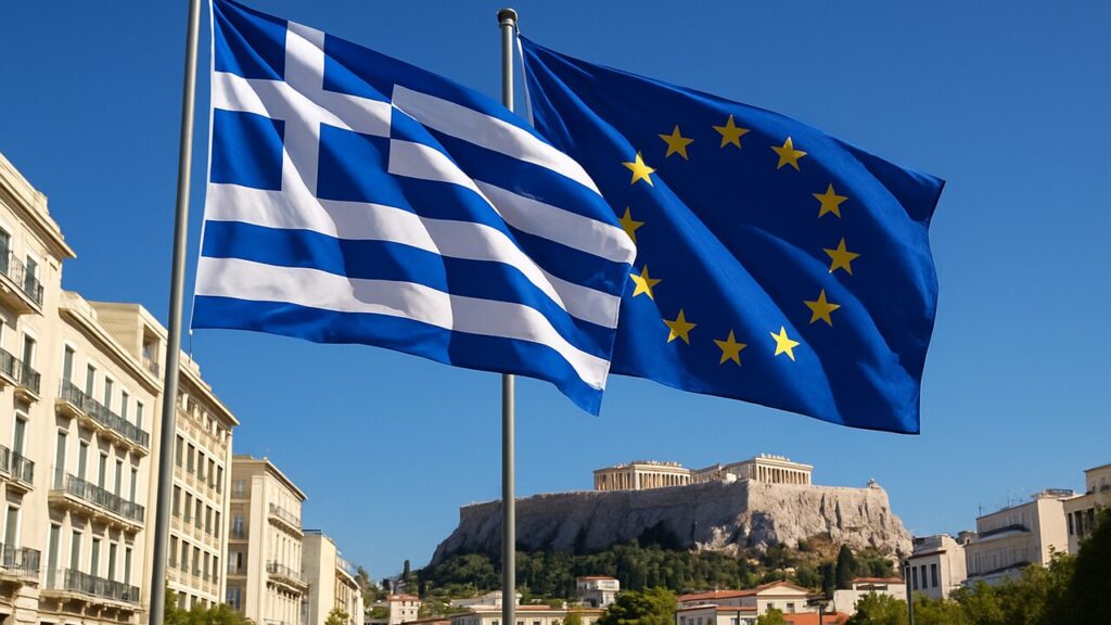 De Griekse vlag en de vlag van de Europese Unie wapperen naast elkaar in Athene, met de Akropolis op de achtergrond