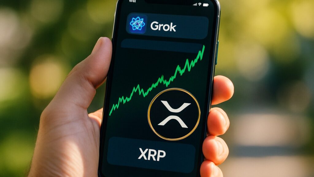 Smartphone toont Grok-chat met een stijgende groene XRP koersgrafiek en het XRP-logo