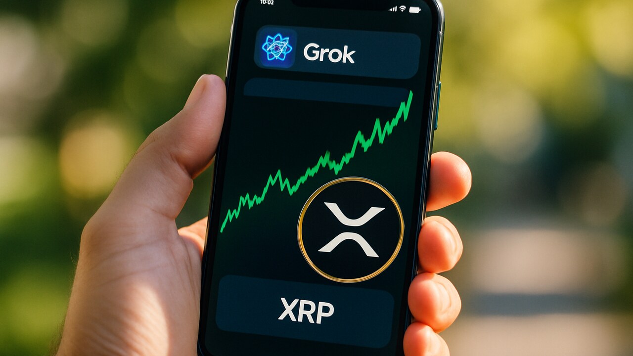 Smartphone toont Grok-chat met een stijgende groene XRP koersgrafiek en het XRP-logo