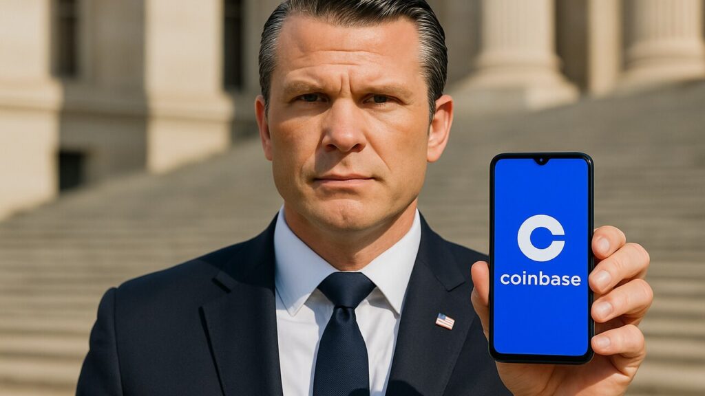 Pete Hegseth, Amerikaans minister van Defensie, met een smartphone waarop de Coinbase-app zichtbaar is