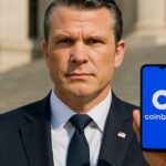 Pete Hegseth, Amerikaans minister van Defensie, met een smartphone waarop de Coinbase-app zichtbaar is