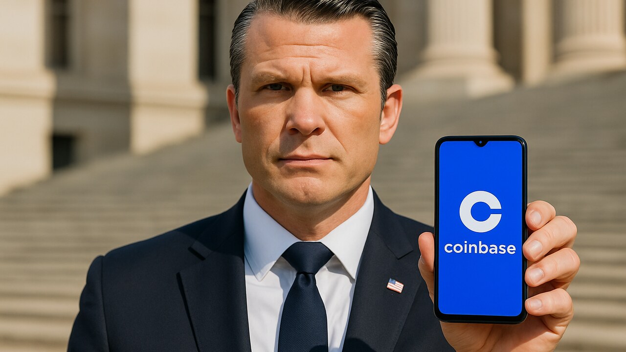 Pete Hegseth, Amerikaans minister van Defensie, met een smartphone waarop de Coinbase-app zichtbaar is