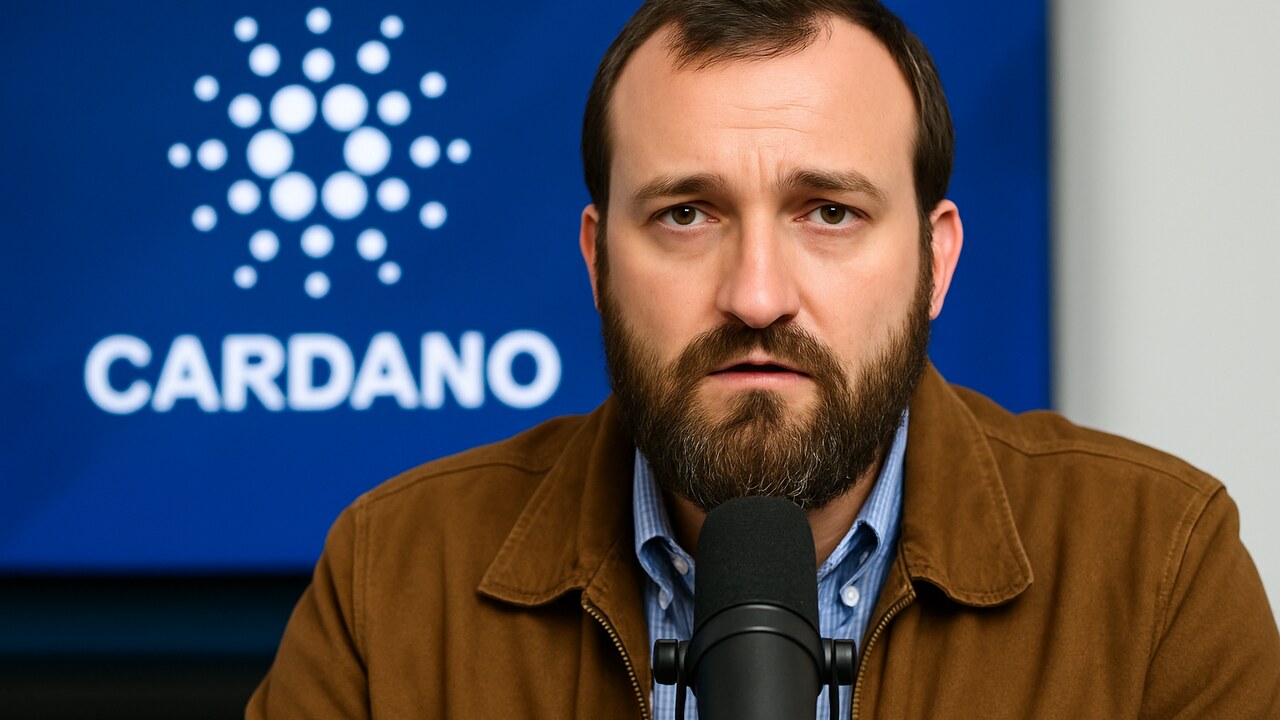 Charles Hoskinson, oprichter van Cardano, spreekt in een microfoon met het Cardano-logo op de achtergrond